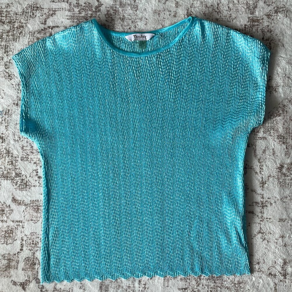 TanJay Turquoise Textured Stretch Top Petite Small Cap Sleeve